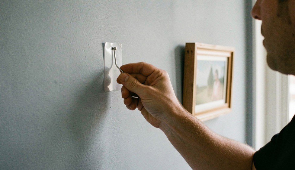 Main pressant fermement un crochet adhésif transparent sur un mur peint en bleu-gris, petit cadre posé en équilibre à proximité