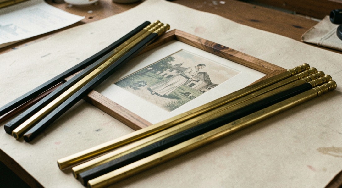 Établi d’encadreur avec des baguettes de bois naturel, noir mat et doré ancien posées en éventail autour d’une estampe libre