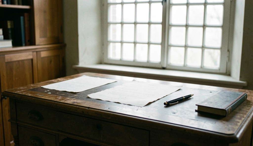 Secrétaire ancien avec du papier à lettres, un stylo posé et une fenêtre à petits carreaux en arrière-plan