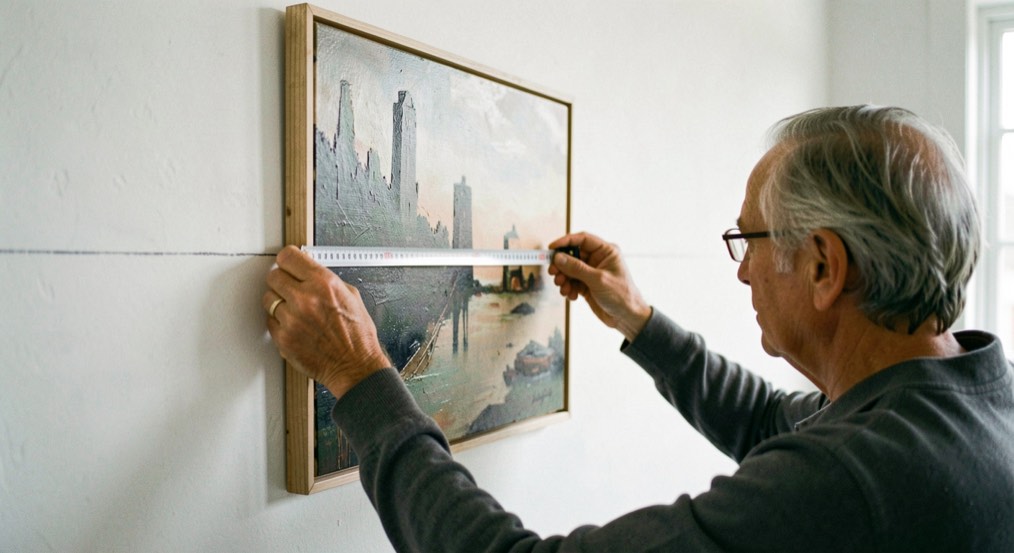 Personne mesurant sur un mur blanc la hauteur d’axe d’un tableau rectangulaire avec un mètre ruban, trait de crayon visible sous le cramail