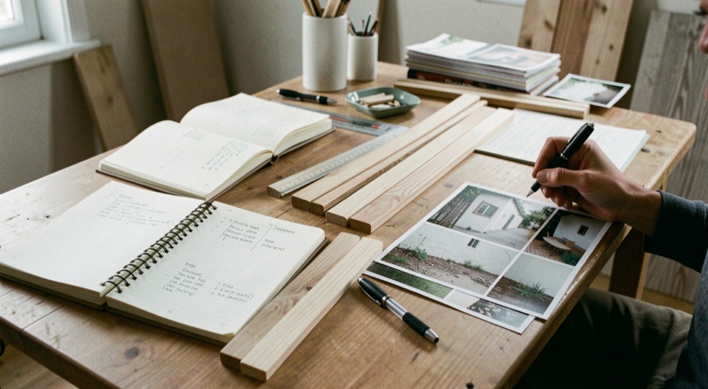 Table de rédaction avec des carnets de mesures, des échantillons de baguettes et des photographies de murs en cours d’agencement