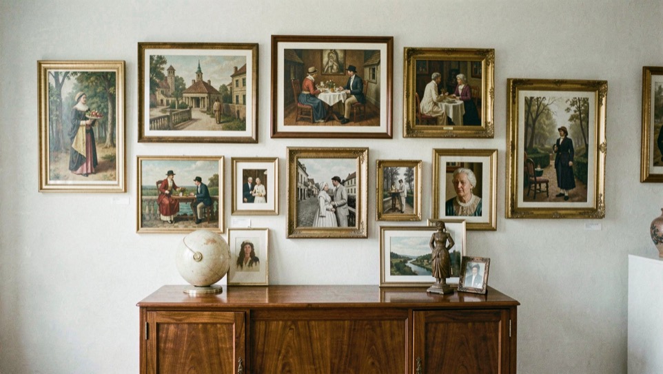 Mur galerie dense de neuf tableaux de formats et cadres variés reliés par un même axe médian au-dessus d’un sideboard en noyer