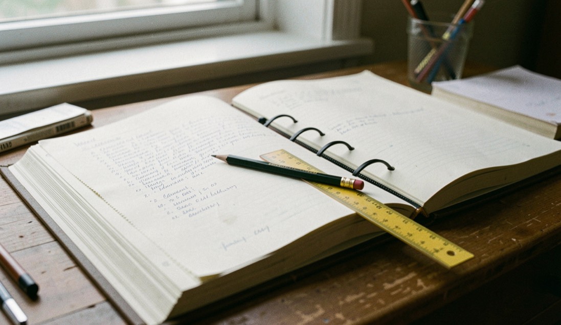 Établi de rédaction avec un guide relié ouvert, un crayon et une règle graduée posés en travers des pages