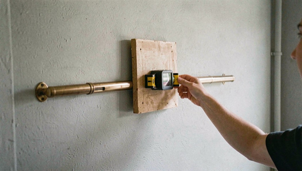 Main posant un petit tableau carré sur un cramail laiton fixé sur un mur gris clair, avec un niveau à bulle posé sur la baguette