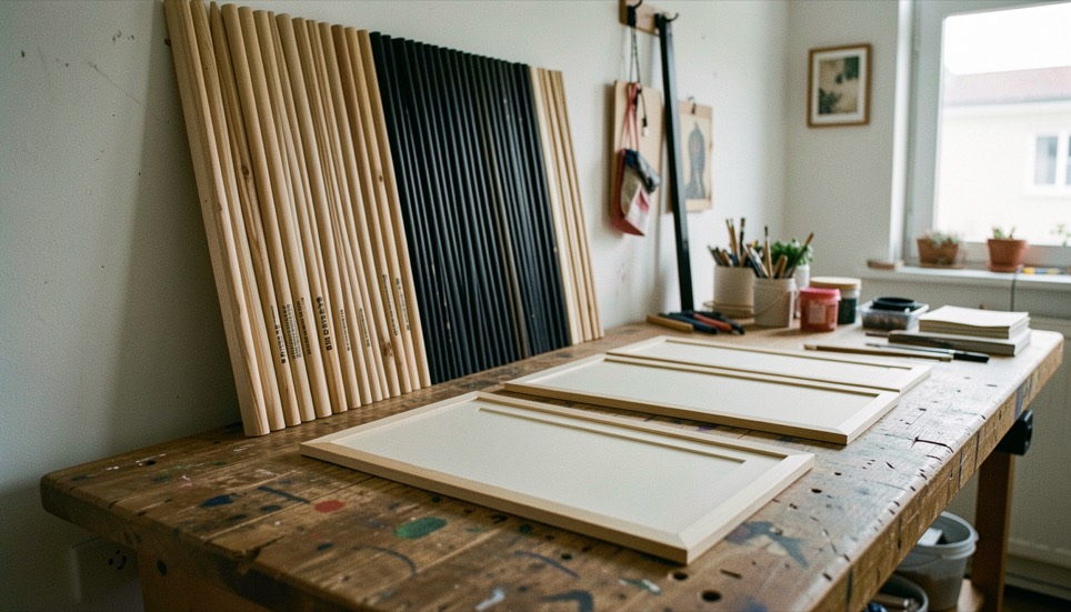 Atelier d’encadrement avec des baguettes de bois naturel et noir alignées au mur et des passe-partout ivoire posés sur l’établi