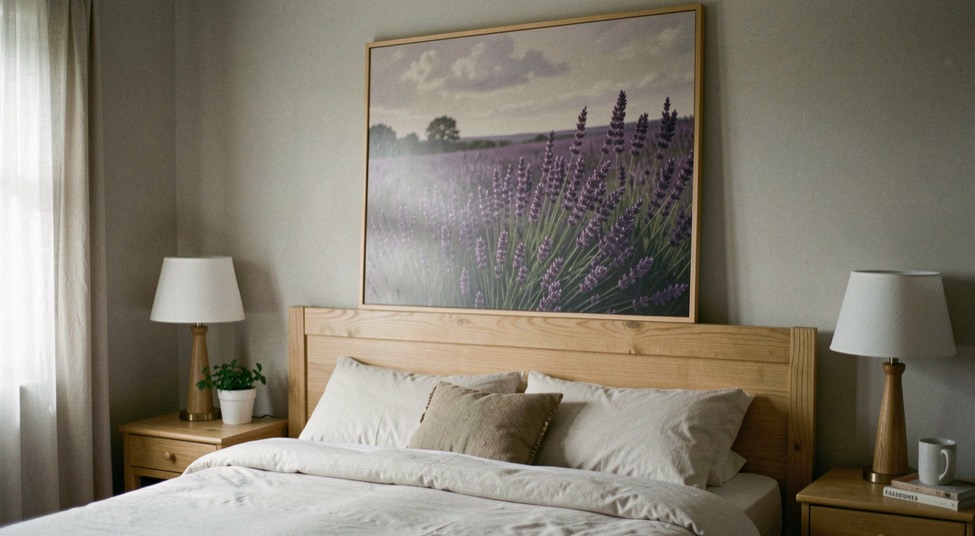 Chambre apaisante avec un grand tableau aux tons sauge posé en appui au-dessus de la tête de lit en bois clair