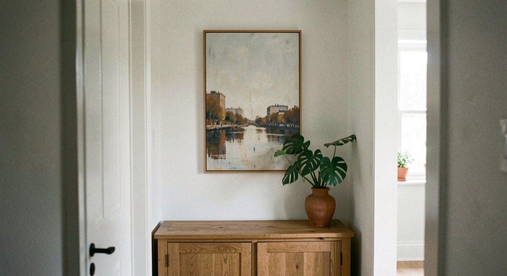 Mur d’entrée étroit portant un unique tableau vertical au-dessus d’une console en chêne, avec un vase posé à côté