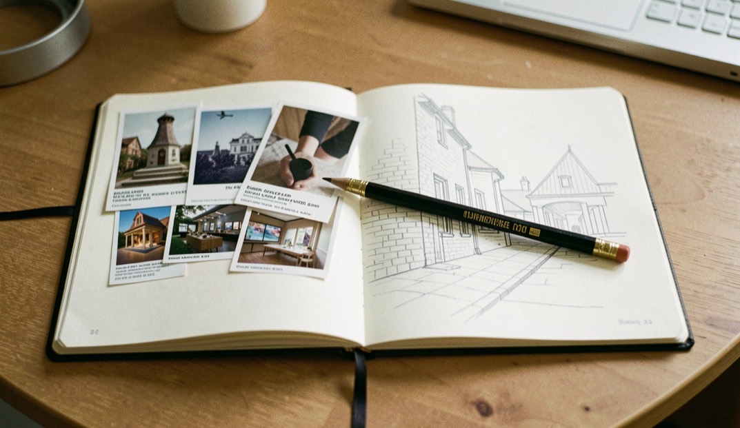 Carnet ouvert sur une table avec des vignettes d’exposition et un crayon posé en travers d’une page de croquis de mur