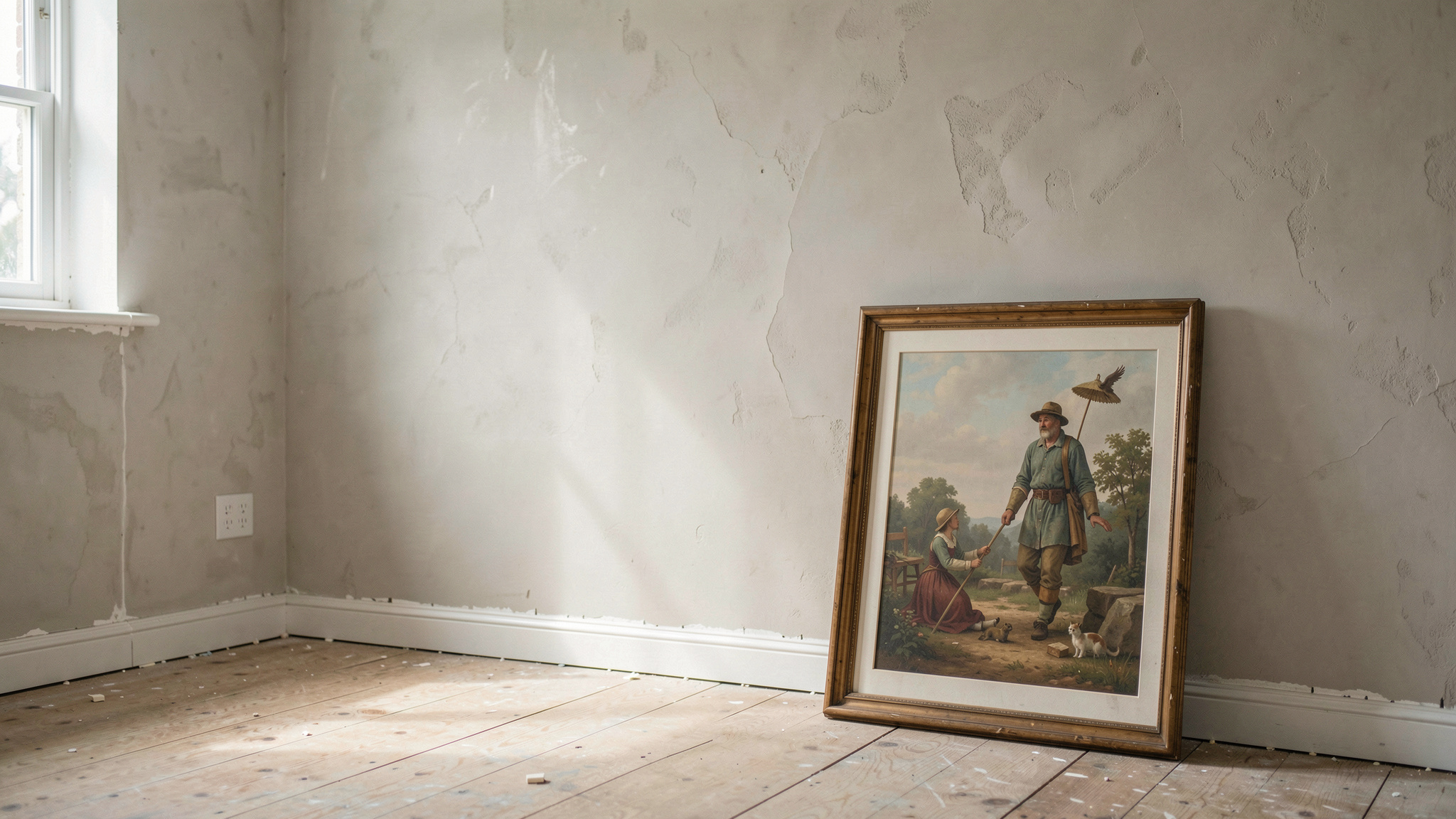 Un salon en cours de rénovation, un mur fraîchement enduit, un tableau encadré posé au sol contre la plinthe, lumière naturelle douce venant d'une fenêtre latérale, cadrage large à hauteur d'œil.