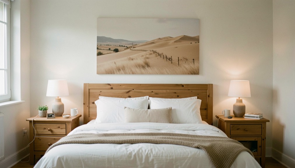 Chambre claire avec un grand tableau paysage aux tons sable centré au-dessus d’une tête de lit en bois et deux lampes de chevet allumées