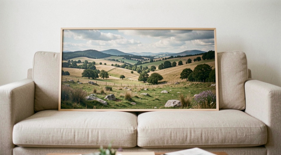 Mur blanc avec un canapé beige et un tableau paysage occupant environ deux tiers de la largeur de l’assise, marge libre visible de chaque côté